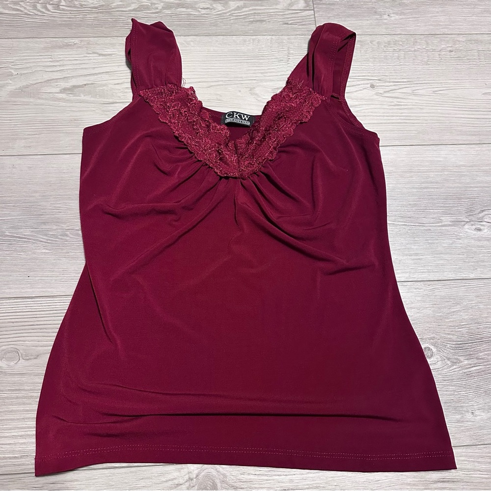 Vintage 90s CKW Crew Knit Wear Burgundy Red Lace Trim Tank Top Camisole, Size M